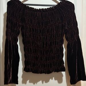 Maje Velvet Off-Shoulder Blouse in Deep Brown